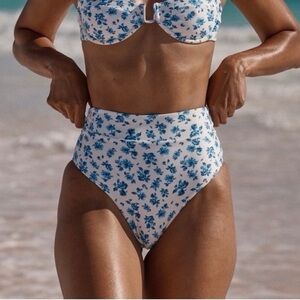 Monday Swimwear Floral Bikini Bottom - Cream and Blue